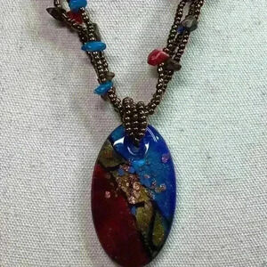Vintage Large Glass Red Cooper and Blue Pendant on Suede Cord & Seed Beads